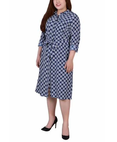Ny Collection Plus Size 3/4 Roll Tab Sleeve Belted Shirtdress In Blue