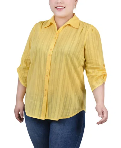 NY COLLECTION PLUS SIZE 3/4 ROLL TAB SLEEVE COTTON TOP
