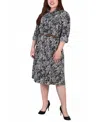 Ny Collection Plus Size 3/4 Roll Tab Sleeve Shirtdress In Black
