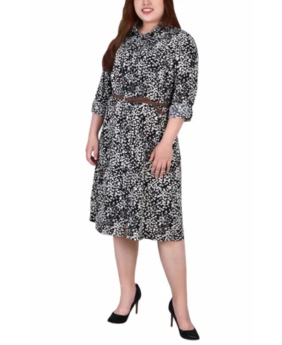 Ny Collection Plus Size 3/4 Roll Tab Sleeve Shirtdress In Black