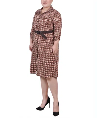 Ny Collection Plus Size 3/4 Roll Tab Sleeve Shirtdress In Brown