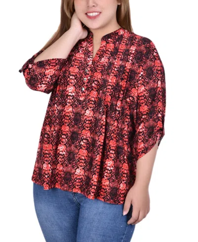 NY COLLECTION PLUS SIZE 3/4 ROLL TAB SLEEVE Y-NECK TOP