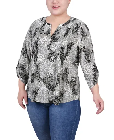 NY COLLECTION PLUS SIZE 3/4 ROLL TAB SLEEVE Y-NECK TOP
