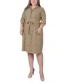Ny Collection Plus Size 3/4 Roll Tab Sleeve Zippered Shirt Dress In Yellow White Black Diamond