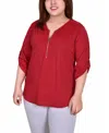 Ny Collection Plus Size 3/4 Roll Tab Zip Front Jacquard Knit Top In Red
