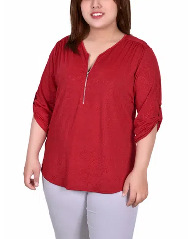 Ny Collection Plus Size 3/4 Roll Tab Zip Front Jacquard Knit Top In Red