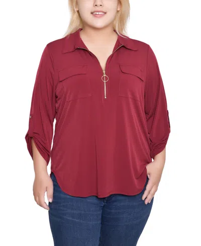 Ny Collection Plus Size 3/4 Roll Tab Zip Front Top In Brown