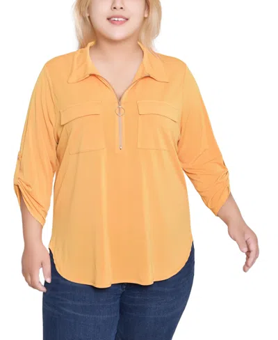 Ny Collection Plus Size 3/4 Roll Tab Zip Front Top In Yellow