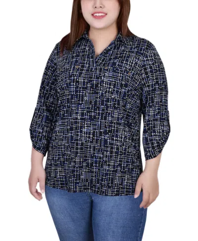 Ny Collection Plus Size 3/4 Ruched Sleeve Studded Top In Blue