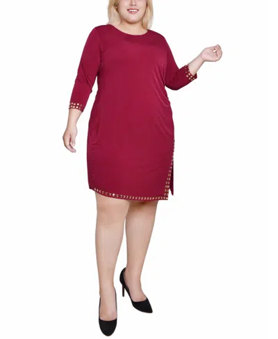 Ny Collection Plus Size 3/4 Sleeve Asymmetrical Dress In Deep Maroon