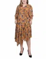 Ny Collection Plus Size 3/4 Sleeve Belted Chiffon Handkerchief Hem Dress In Honey Wallflower