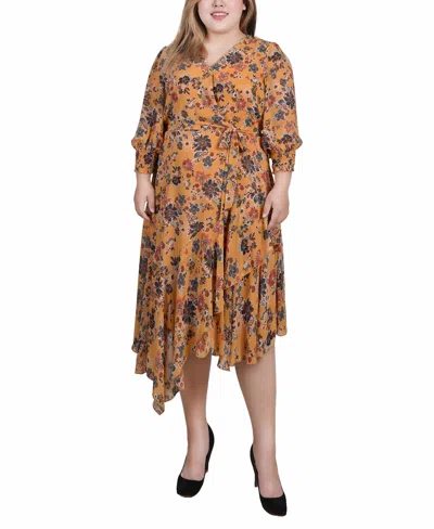 Ny Collection Plus Size 3/4 Sleeve Belted Chiffon Handkerchief Hem Dress In Honey Wallflower
