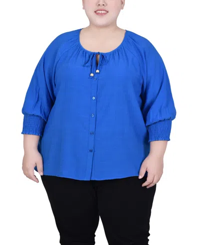 Ny Collection Plus Size 3/4 Sleeve Button Front Blouse In Electric Blue