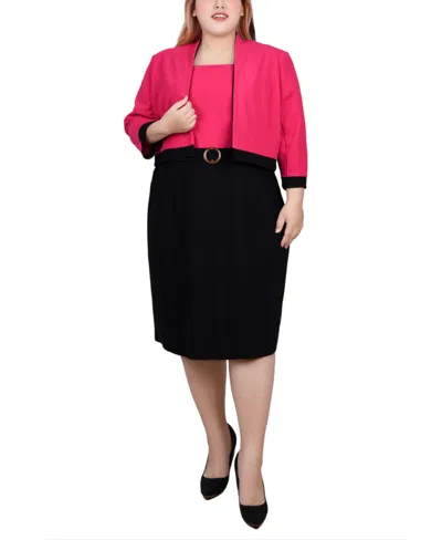 Ny Collection Plus Size 3/4 Sleeve Colorblocked Dress, 2 Piece Set In Pink