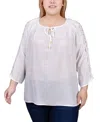 Ny Collection Plus Size 3/4 Sleeve Crochet Detail Top In White