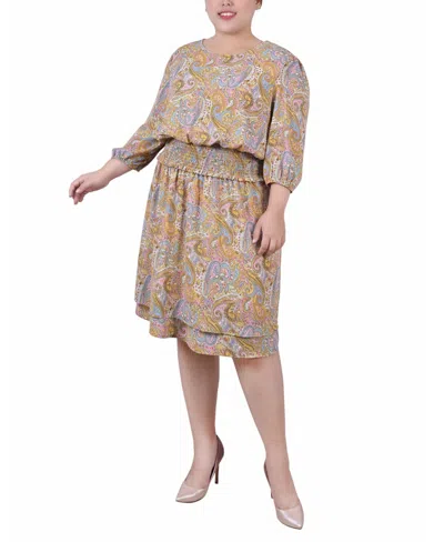 Ny Collection Plus Size 3/4 Sleeve Dobby Smocked Waist Dress In Brown