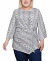Ny Collection Plus Size 3/4 Sleeve Pleat-waist Top In Grey Snakecell