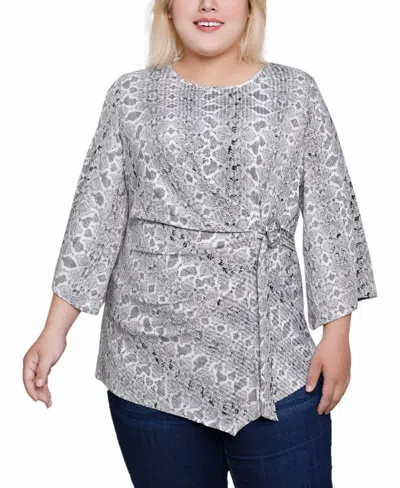 Ny Collection Plus Size 3/4 Sleeve Pleat-waist Top In Grey Snakecell