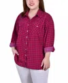 Ny Collection Plus Size 3/4 Sleeve Roll Tab Notch Collar Blouse In Beet Red,black Line Box