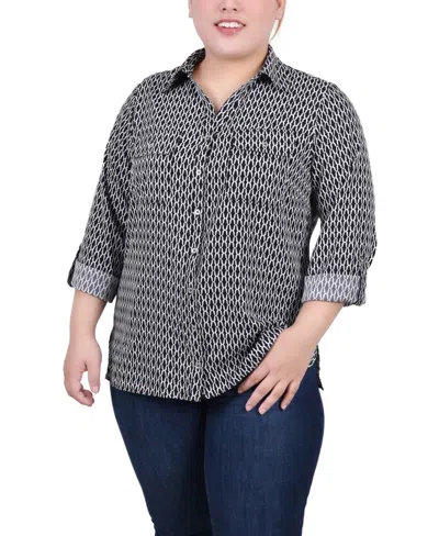 NY COLLECTION PLUS SIZE 3/4 SLEEVE ROLL TAB NOTCH COLLAR BLOUSE