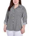 Ny Collection Plus Size 3/4 Sleeve Roll Tab Notch Collar Blouse Top In Black,white New Iconic