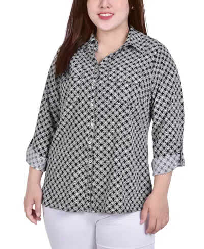 NY COLLECTION PLUS SIZE 3/4 SLEEVE ROLL TAB NOTCH COLLAR BLOUSE