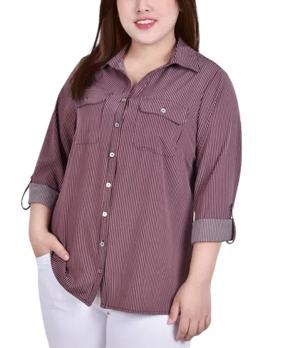 Ny Collection Plus Size 3/4 Sleeve Roll Tab Notch Collar Blouse In Brown