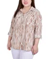 Ny Collection Plus Size 3/4 Sleeve Roll Tab Notch Collar Blouse In Praline White Animal