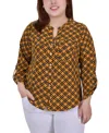 Ny Collection Plus Size 3/4 Sleeve Roll Tab Y Neck Blouse In Golden-tone Yellow,black Lines Icon