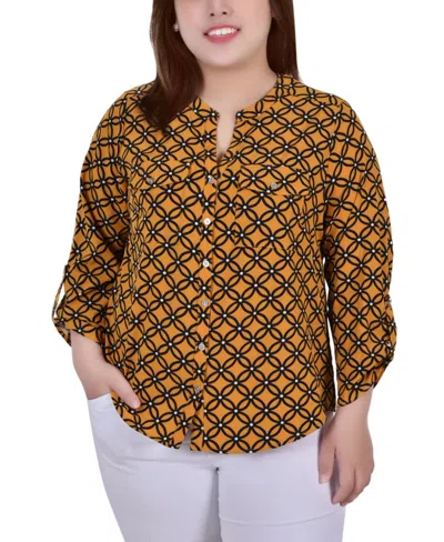 Ny Collection Plus Size 3/4 Sleeve Roll Tab Y-neck Blouse Top In Golden-tone Yellow,black Lines Icon