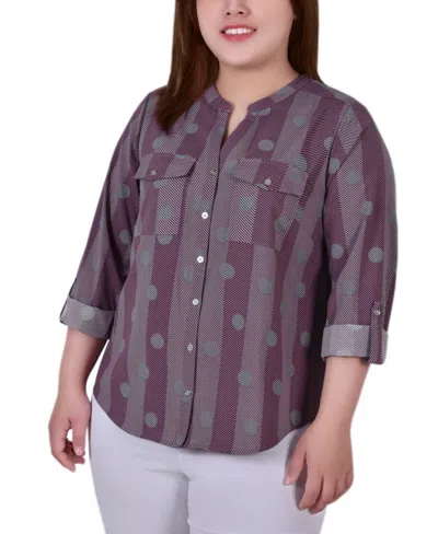Ny Collection Plus Size 3/4 Sleeve Roll Tab Y Neck Blouse In Lilas Ground,black Lines
