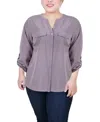 Ny Collection Plus Size 3/4 Sleeve Roll Tab Y Neck Blouse In Sea Fog Black Taranto Dot