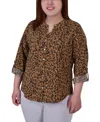 Ny Collection Plus Size 3/4 Sleeve Roll Tab Y-neck Blouse Top In Animal Print