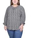 Ny Collection Plus Size 3/4 Sleeve Ruffle Neck Blouse In Black