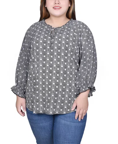 Ny Collection Plus Size 3/4 Sleeve Ruffle Neck Blouse In Black