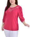 Ny Collection Plus Size 3/4 Sleeve Stone Detail Top In Pink