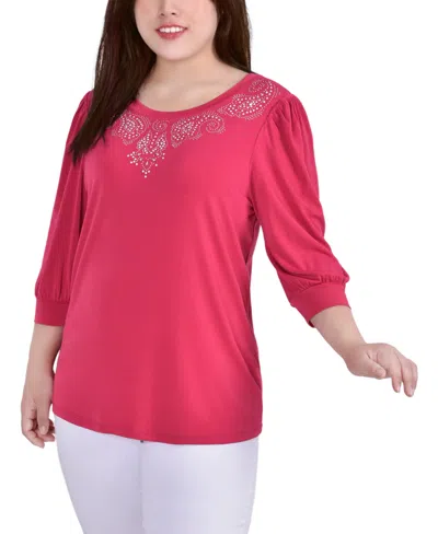 Ny Collection Plus Size 3/4 Sleeve Stone Detail Top In Pink