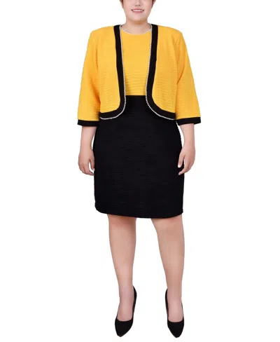 Ny Collection Plus Size 3/4 Sleeve Textured Knit 2 Piece Dress Set In Black Lemon