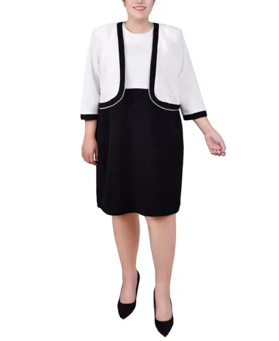 Ny Collection Plus Size 3/4 Sleeve Textured Knit 2 Piece Dress Set In Black White