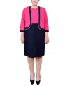 Ny Collection Plus Size 3/4 Sleeve Textured Knit 2 Piece Dress Set In Navy Havana Pink