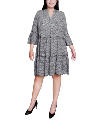 Ny Collection Plus Size 3/4 Sleeve Tiered Dress In Black White Geo