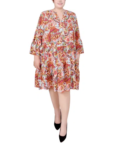 Ny Collection Plus Size 3/4 Sleeve Tiered Dress In Blue Orange Paisley