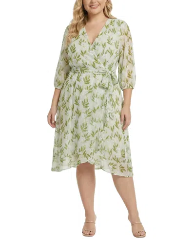 Ny Collection Plus Size 3/4 Sleeve V Neck Belted Chiffon Dress In Green