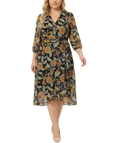 Ny Collection Plus Size 3/4 Sleeve V Neck Belted Chiffon Dress In Multi