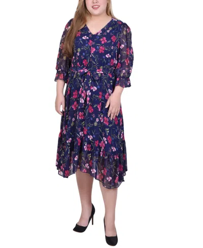 Ny Collection Plus Size 3/4 Sleeve V-neck Flounced Dress In Blue