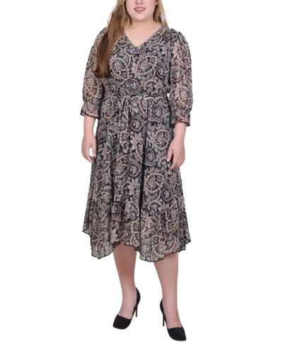 Ny Collection Plus Size 3/4 Sleeve V-neck Flounced Dress In Multi