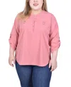 Ny Collection Plus Size 3/4 Tabbed Sleeve Y Neck Top In Pink