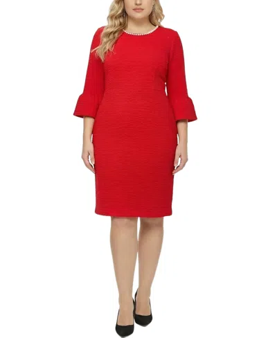 Ny Collection Plus Size 3/4-sleeve Mother Of Pearl Detail Dress In Red