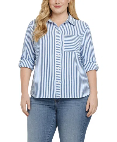Ny Collection Plus Size 3/4-sleeve Roll Tab Top In Blue