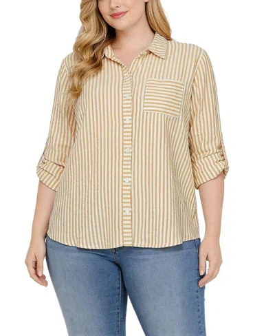 Ny Collection Plus Size 3/4-sleeve Roll Tab Top In Gold
